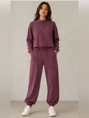 NWT Sundry Mineral Wash Lounge Set Mock Neck Crop Top Utility Joggers Plum M